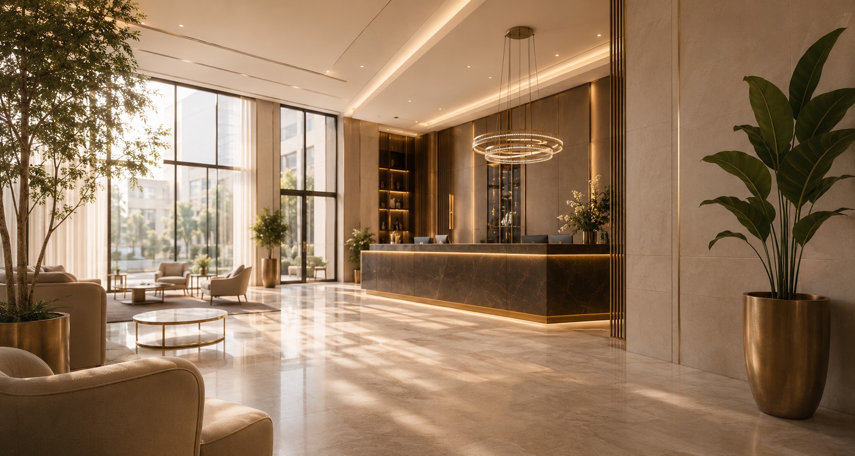 Sunlit luxury hotel lobby with reception and lounge seating.